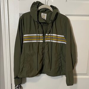 CALI 1850 Olive Green Hooded Jacket Stripes zip front Womens Small Yellow Blue